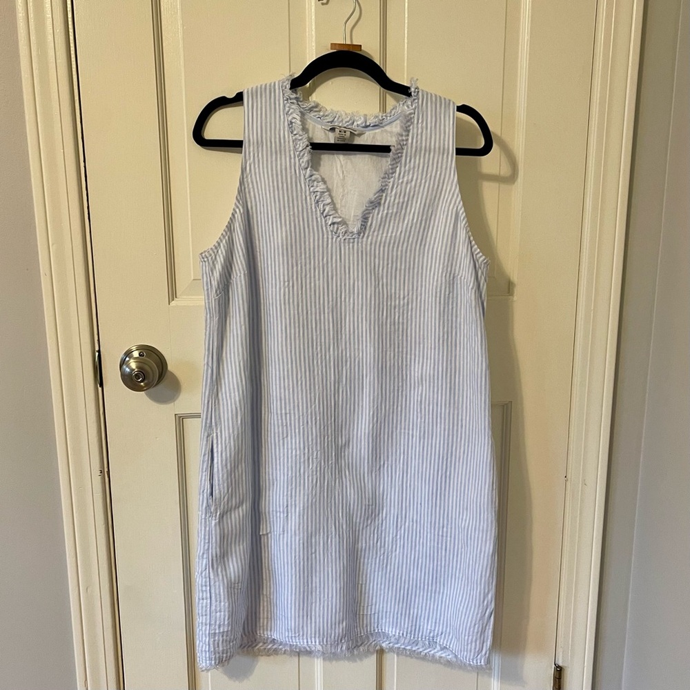🤍💙 NWOT Tommy Bahama 2 Palms Mini Cabana Stripe Ruffle Linen Dress – Size M - Picture 2 of 9